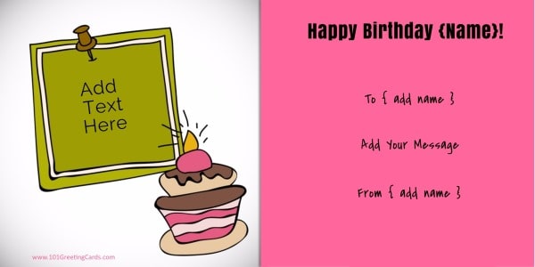 free printable birthday greeting card with a picture of a pink cupcake