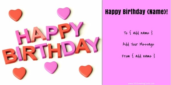 happy birthday card with pink and red hearts