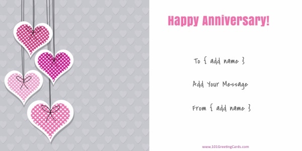 Custom anniversary card in grey and white with pink hearts hanging