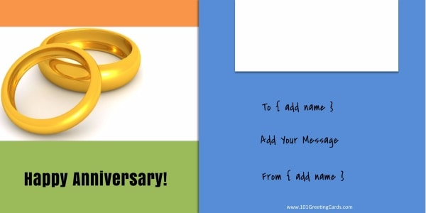Free anniversary card in blue, green and orange with two rings