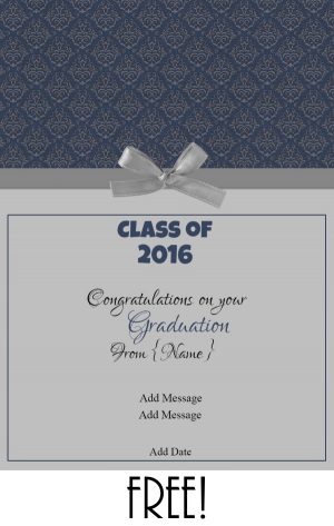 graduation card with an elegant design with a blue pattern design and and a silver ribbon
