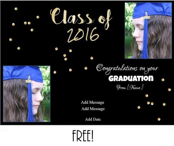 Black graduation card with gold confetti and two photo holders. Use our free card maker to add your photos
