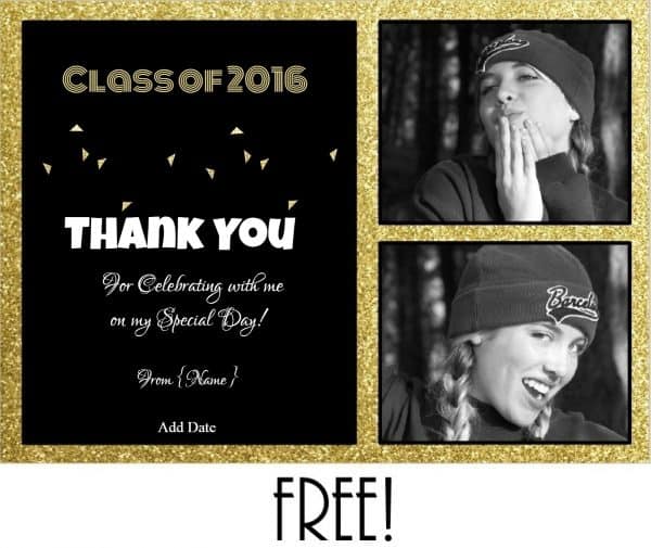 black and gold Graduation thank you card with two photos