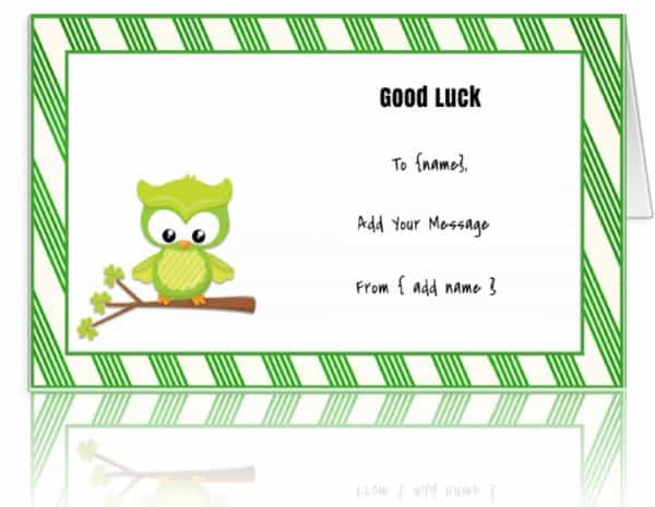 good luck card with green stripes and cute owl